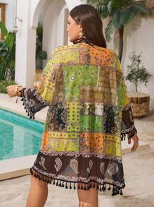 Swim Lushoire Plus Size Women Random Floral Pattern Fringe Knit Kimono Cardigan, Loose Long Sleeve For Summer Beach Vacation - Green - View 2