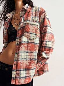 Bohemela Women Summer/Autumn Fall Casual Vacation Woven Plaid Hippie Studded Detail Long Sleeve Loose Fit Shirt, Bohomian Style Vacation, Suitable For Music Festival - Multicolor - View 4