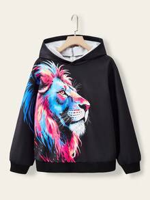 Fantacosmos Felpa oversize per ragazzo pre-adolescente, felpa casual e comoda con stampa della testa di leone, felpa alla moda con grafica, adatta per autunno/inverno - nero - Visualizzare 3
