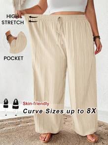 SHEIN CURVE+ 女士加大码新款商务休闲夏季沙滩裤，时尚通勤优雅紫色莲藕粉色阔腿裤带口袋，海滩度假装束加大码曲线裤曲线夏季裤加大码波西米亚风裤曲线阔腿裤加大码沙滩裤 - 杏色 - 查看 4