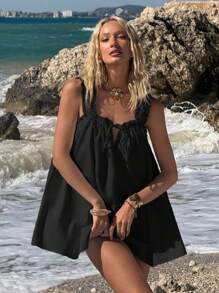 SHEIN ICON 女士夏季外出海滩夏威夷毕业典礼白色娃娃裙飘逸可爱迷你连衣裙 - 黑色 - 查看 3