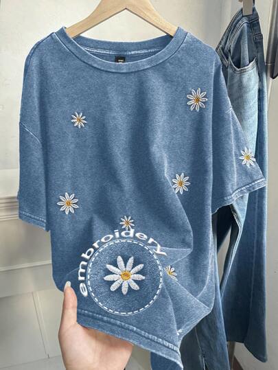 Comfortcana Plus Size Women Summer Casual Street Loose Fit Daisy Embroidery Drop Shoulder Washed Denim Print T-Shirt,Back To School