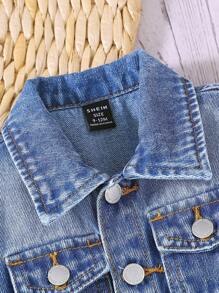 SHEIN Enterizo vaquero de manga corta para bebé niña, cómodo y casual - Azul lavado medio - Ver 3
