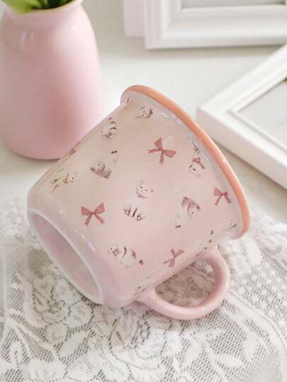Kawaii 1 pieza Taza de café de cerámica de color, taza de agua doméstica simple, compatible con lavavajillas y microondas, taza con diseño de lazo y gato, estilo kawaii, adecuada para restaurante u hogar, decoración del hogar
