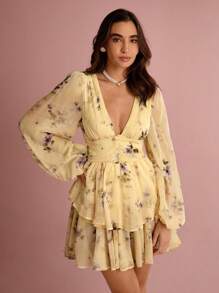 Enchnt Summer Romantic Holiday Elegant Yellow Floral Allover Print Deep V-Neck Lantern Sleeve Women's Summer Cute Mini Dress, Sweet&Elegant For Vacation&Date&Holiday&Party&Graduation&Wedding Guest&Beach,Prom Dress,Summer Dresses For Women,Summer Clothes, ,Elegant Dresses For Party,Bohemian Clothes - Yellow - View 5