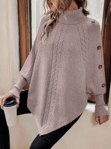 EMERY ROSE Suéter holgado de punto con cuello alto, mangas de murciélago, diseño de botones, informal para mujer, otoño e invierno - Rosa vieja - Ver 3