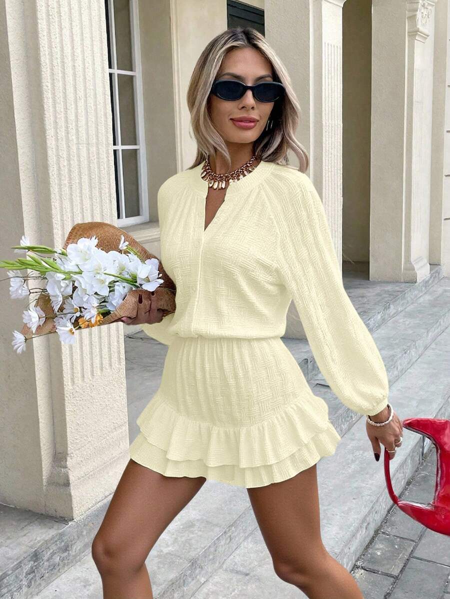 SHEIN Frenchy 女士度假休闲纯色灯笼袖连体衣 - 杏色 - 查看 1