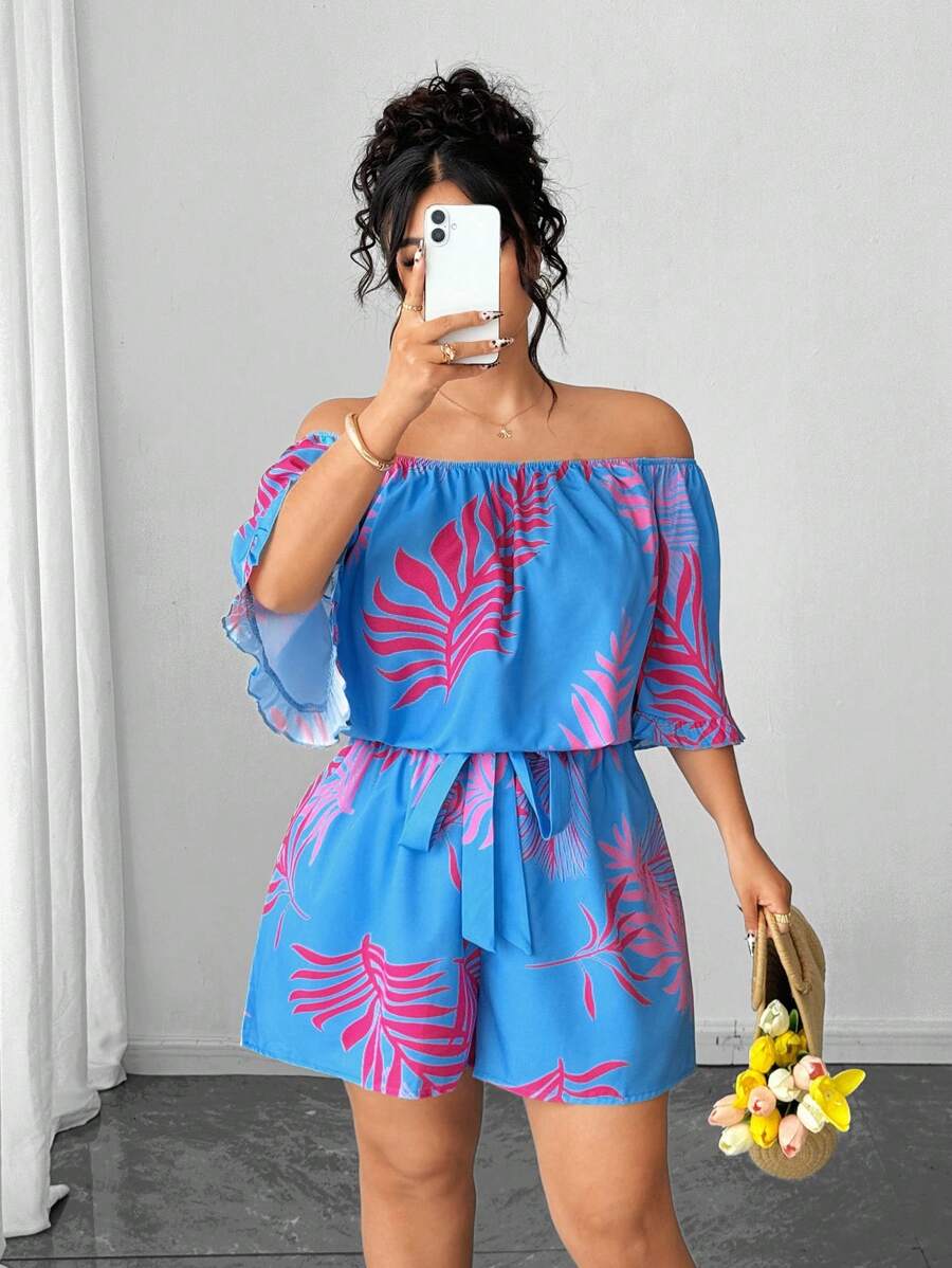 Elenzga Plus Size Women's Tropical Floral Print Ruffled Off Shoulder Jumpsuit - Multicolor - View 1