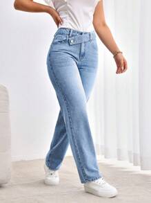 SHEIN Tall 休閒做舊重疊腰頭寬鬆直筒牛仔褲，適合高個女性 - 中等水洗藍 - 查看 5