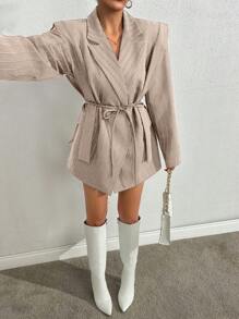 EURMUSE 小码女式白色条纹休闲西装外套 - 米色 - 查看 3