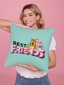 TOM & JERRY X SHEIN Cartoon Luxury Remium Square Couch Throw Pillow Case For Sofa/Bed Backrest | Removable Decorative Cushion Cover Only (No Insert) - Giftable Home Decor - Blue - View 2