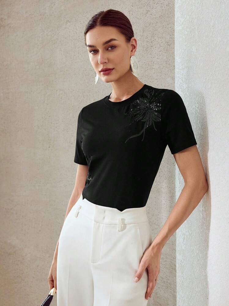 MOTF PREMIUM CAMISETA DE MANGA CORTA CON CONTRASTE DE LENTEJUELAS - Negro - Añade 2