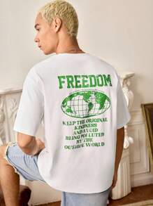 SWAVVY 休闲日常男士T恤 FREEDOM 地球元素图案印花宽松圆领短袖T恤 - 白色 - 查看 6