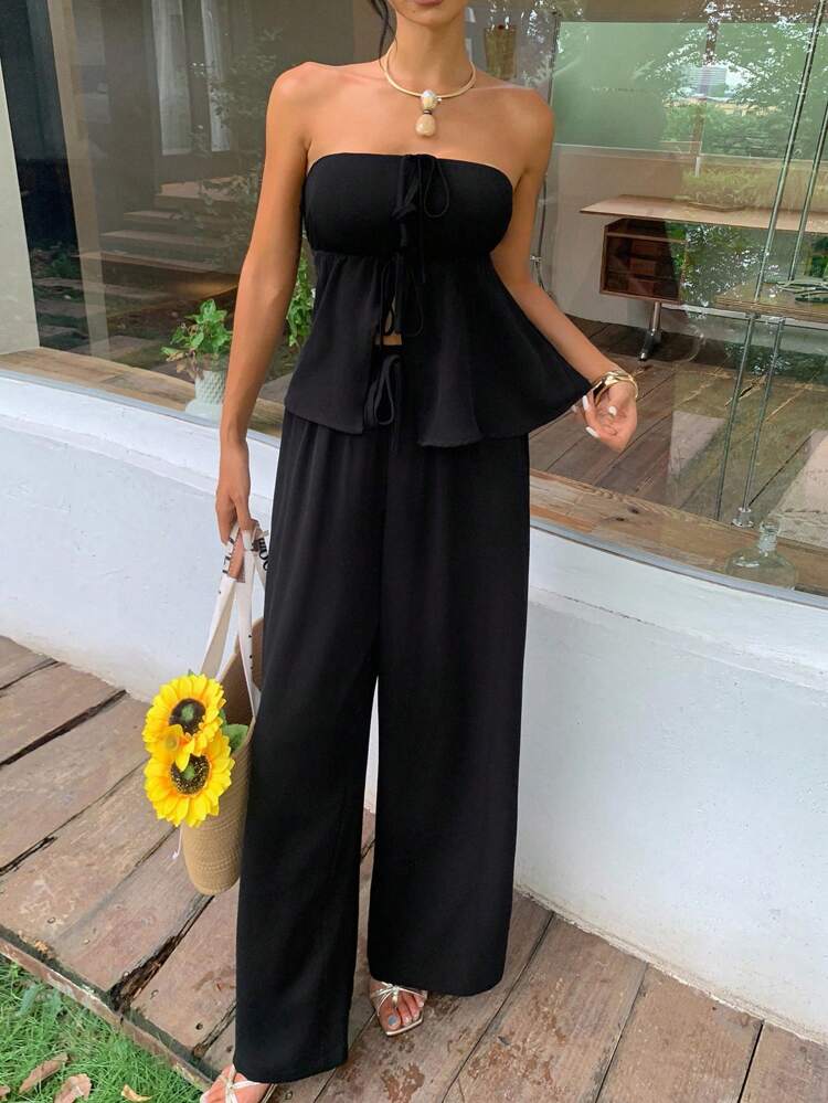 Women 2pcs/Set Tie Front Bandeau Top And Wide Leg Pants Beach Vacation Outfit