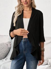 SHEIN Casual Loose Solid Color Maternity 3/4 Sleeve Thin Jacket - Black - View 3