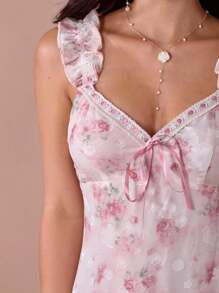 Enchnt 夏秋季浪漫女士粉色印花荷叶边露肩心形领无袖鱼尾长裙 - 彩色 - 查看 2