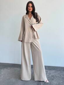 Firerie 女士亚麻两件套服装、毕业典礼服装、女士教师服装、返校服装、秋季女装、复古风服装、女士办公室服装 - 卡其色 - 查看 2