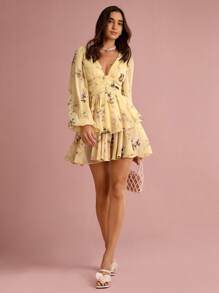 Enchnt Summer Romantic Holiday Elegant Yellow Floral Allover Print Deep V-Neck Lantern Sleeve Women's Summer Cute Mini Dress, Sweet&Elegant For Vacation&Date&Holiday&Party&Graduation&Wedding Guest&Beach,Prom Dress,Summer Dresses For Women,Summer Clothes, ,Elegant Dresses For Party,Bohemian Clothes - Yellow - View 3