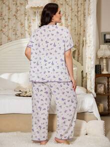 CottageSlumber 大码紫色花卉撞色饰边短袖睡衣套装 - 白色 - 查看 3