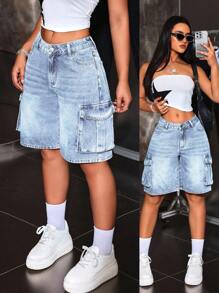 SHEIN Tall Y2K 风格口袋牛仔短裤，水洗休闲女式百慕大短裤骑行裤 - 淺色水洗藍 - 查看 1
