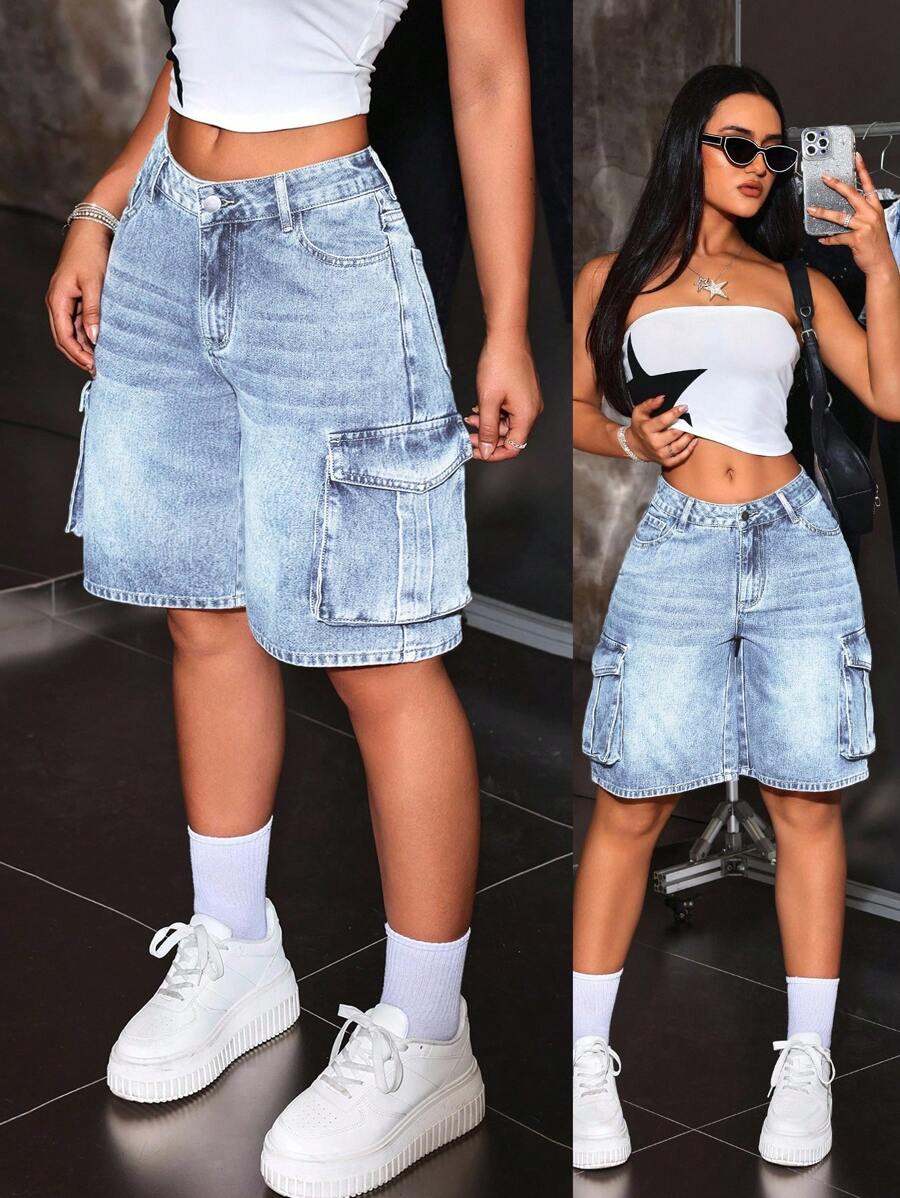 SHEIN Tall Y2K 风格口袋牛仔短裤，水洗休闲女式百慕大短裤骑行裤 - 淺色水洗藍 - 查看 1