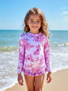 小女孩夏季海滩度假可爱蝴蝶结花卉数码印花3D蝴蝶结荷叶边拉链连体泳衣