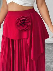 SHEIN Unity 大码女式优雅纯色3D花卉高腰褶皱A字长裙 - 酒紅色 - 查看 8