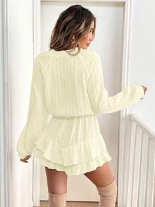 SHEIN Frenchy 女士度假休闲纯色灯笼袖连体衣 - 杏色 - 查看 2