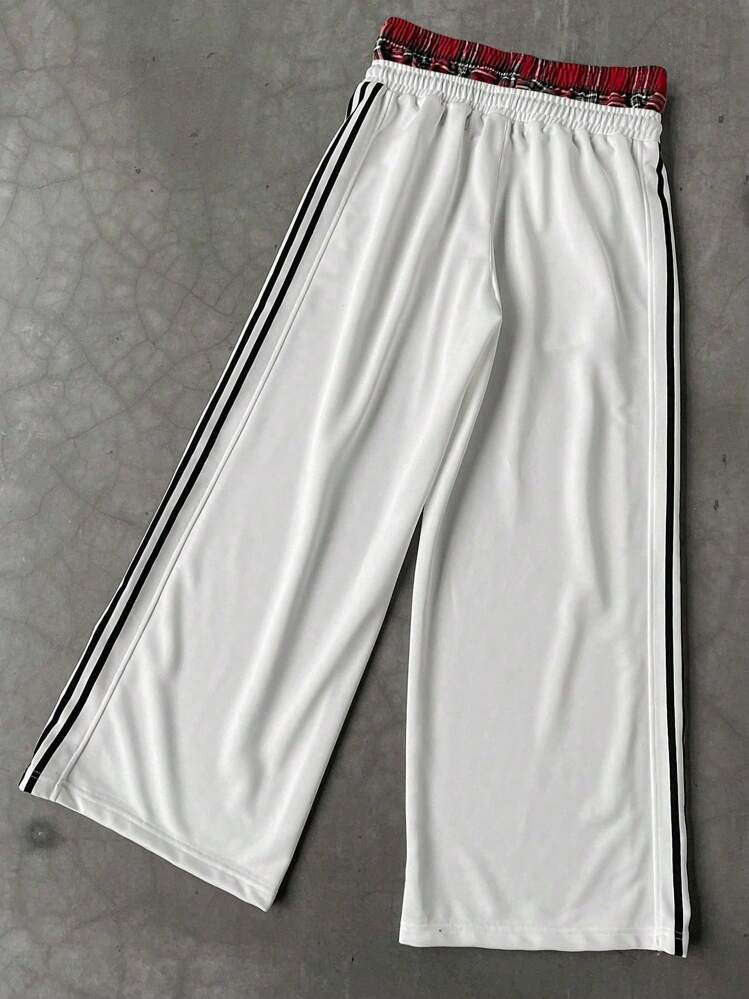 PAVTROS 男士格子印花拼色条纹腰带运动裤，适合狂欢 - 白色 - 查看 2