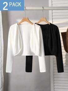 青少年女孩两件套休闲纯色长袖前开襟短款夹克 - 彩色 - 查看 9