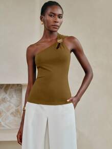 Arave 女士夏季卡其色镂空金属扣装饰吊带背心上衣，单肩上衣，女士金色上衣，女士正装上衣，3D花朵上衣，女士优雅上衣 - 橄欖綠 - 查看 7