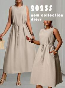 Veslaya 2025 新款春夏大码女装/商务休闲女装/西方女装/女士办公室服装/街头休闲/城市度假/毕业约会/优雅度假/派对/独立日女装/基础时尚优雅度假宽松亚麻圆领无袖口袋A字长裙系带腰裙卡其色连衣裙女士休闲中长裙