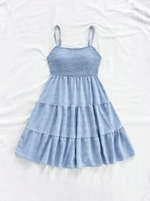 Soleia WYWH Vacation Spring Break Blue Solid Ruffle Hem Cami Dress,,Pastel Dresses For Women