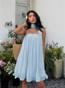 Sunnyshic Solid Color Pleat Hem Mini A-Line Dress - Baby Blue - View 6