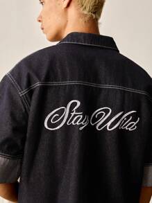 SWAVVY Áo sơ mi denim phong cách công sở thường ngày cho nam - Màu xanh lam - Xem 3