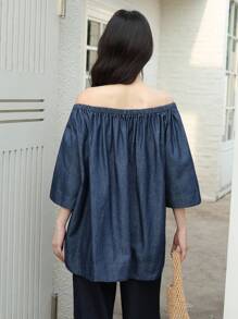 SHEIN EZwear 女士秋季休闲蝙蝠袖宽松牛仔上衣，韩版风格，返校季，秋季，复古富贵风 - 中等水洗藍 - 查看 3