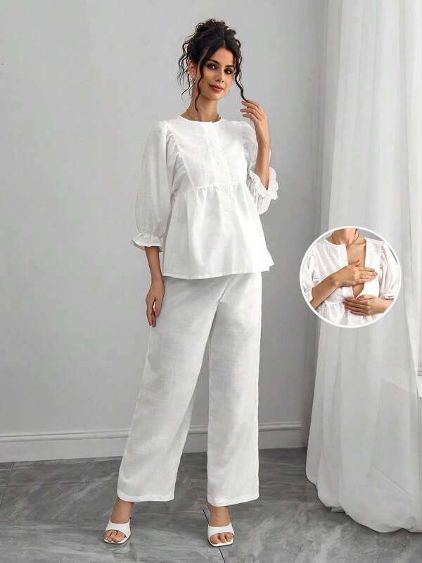 SHEIN 2pcs Nursing Set: Crew Neck Half Placket Ruffle Trim Blouse + Tie Front Bow Waist Straight Leg Pants