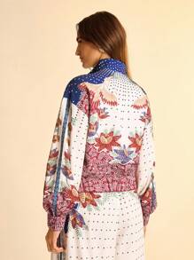 CAJUNI 女式波西米亚风花卉、植物和鸟类印花高领长袖拉链轻便度假夹克，秋冬 - 彩色 - 查看 2