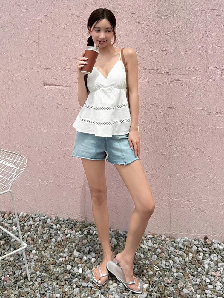 Women's Casual Elastic Waist White Camisole Tank Top, Suitable For Beach Vacation, Spring/Summer Going Out Tops