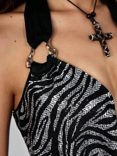 Hippie Women's Retro Sexy Gangsta Low Draped Neck Metallic Zebra Print Ribbed Mini Bodycon Dress