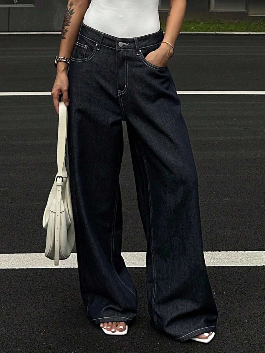 DAZY Quần Jeans Denim Dài Màu Trơn Cạp Cao Cho Nữ Mùa Hè - Màu xanh lam - Xem 1