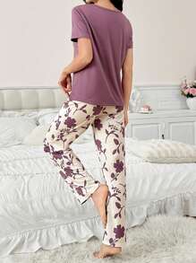 Contrast Color Casual Print Short Sleeve & Long Pants Women's Pajama Set - Red Violet - View 2