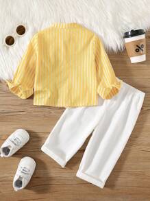 SHEIN 2pcs Baby Boy Cute City Gentleman Outfit, Yellow Striped Collar Shirt + White Casual Pants Set, Suitable For Birthday Party, Evening Party, Performance, Wedding, Baby Shower, 1st Birthday Celebration
