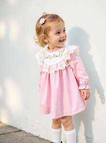 Souflis Souflis Robe de princesse élégante de style palais pour bébé fille, col et manchettes en dentelle multi-couches, col de princesse avec petit revers à broderie florale de palais, pour l'automne/hiver