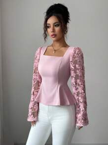 Elenzga 女士法式浪漫西西里优雅休闲通勤度假下午茶派对纯色网眼刺绣方领修身A字长袖衬衫，春夏 - 粉色 - 查看 6