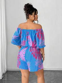 Elenzga Plus Size Women's Tropical Floral Print Ruffled Off Shoulder Jumpsuit - Multicolor - View 2