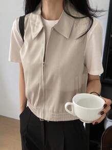 DAZY Women's Casual Plain Collared Sleeveless Zip-Up Top - Beige - View 6