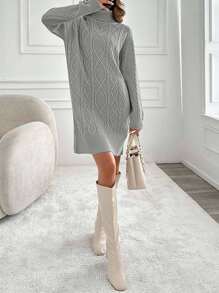 EURMUSE Knitwear Dress With Folded Neck And Cable Pattern,Winter Dresses For Women,Petite - Grey - View 2