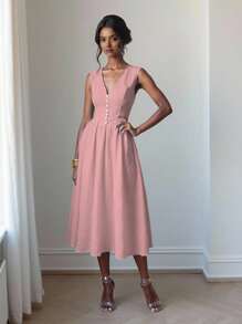 SHEIN Unity Women's Sleeveless Waist Button-Down V-Neck A-Line Cut-Out Dress - Pink - View 5