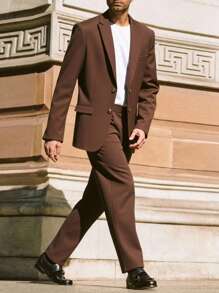Manfinity BRENVOR 男士两件套秋冬绅士休闲西装套装，现代棕色调商务风格，复古风 - 咖啡棕 - 查看 7